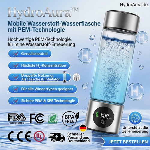 HydroAura™ – Mobile Wasserstoff-Wasserflasche mit PEM-Technologie